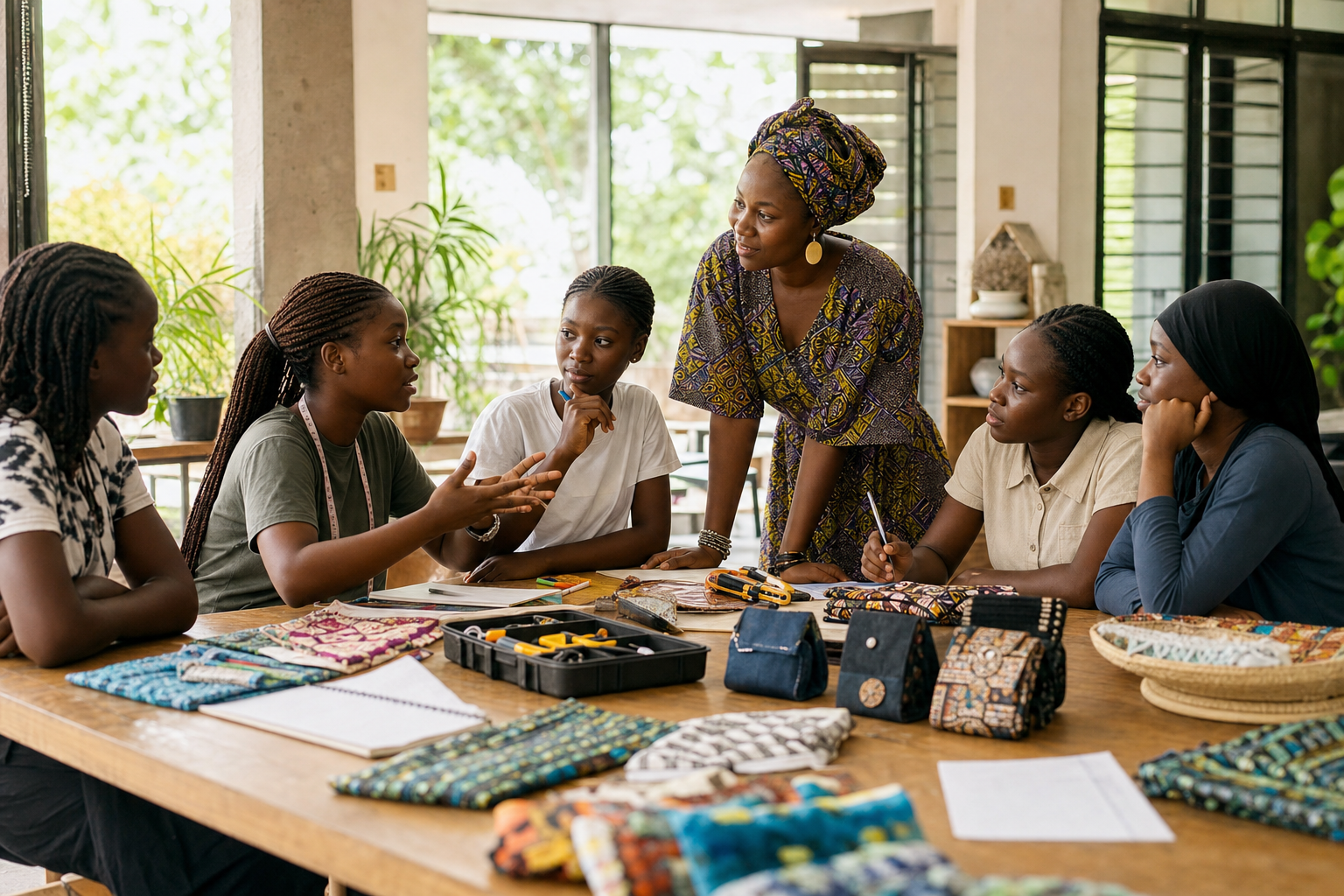 Nigerian young women and an adult facilitator sharing ideas around a skills workshop table with fabrics and tools.