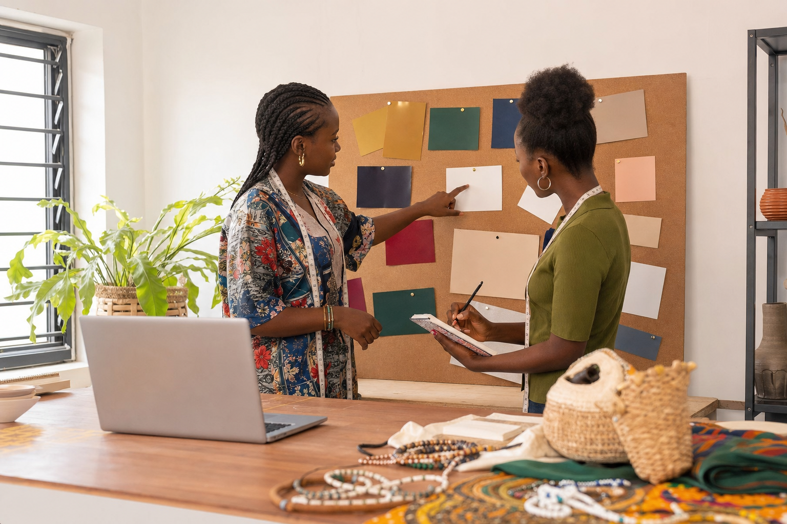Two Nigerian young women planning a creative enterprise beside a board of blank colour cards.