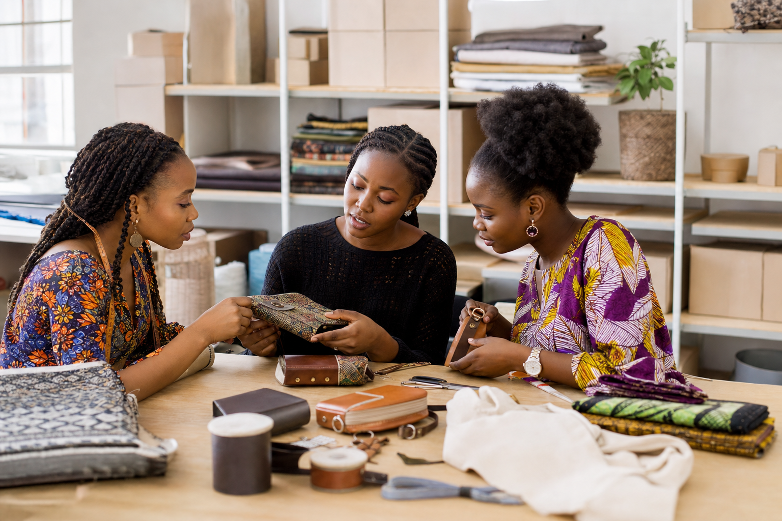 Three Nigerian young women examining handmade fabric and leather accessories at a maker table.